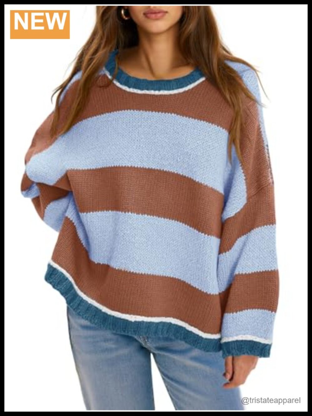 Oversized Color Block Knit Pullover Sweater with Long Sleeves and Crew Neck